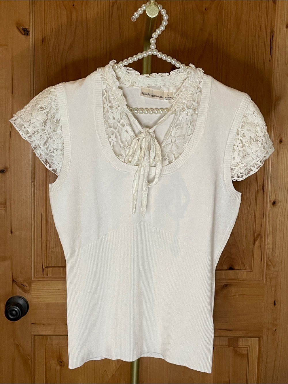 White Lace Sleeve Pullover Top with Tie Neck Size L